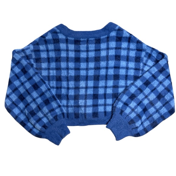Kendall + Kylie Blue Plaid Faux Fur Cropped Cardigan Womens M - Picture 8 of 8